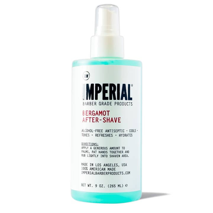 Imperial Barber Products' Bergamot After-Shave comes in a spray-top bottle with a white label and light blue liquid, delivering refreshing post-shave skin healing.