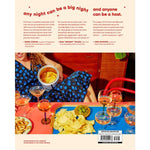 A woman in a blue dress sits at a red table with snacks and drinks, highlighting hosting essentials. "Big Night | Dinners, Parties, and Dinner Parties" by Union Square and Co. appears with endorsements on a yellow background with red text.