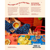A woman in a blue dress sits at a red table with snacks and drinks, highlighting hosting essentials. "Big Night | Dinners, Parties, and Dinner Parties" by Union Square and Co. appears with endorsements on a yellow background with red text.