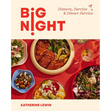 The cover of Big Night | Dinners, Parties, and Dinner Parties by Union Square and Co. features assorted dishes on a red table—a must-have cookbook for home entertaining.