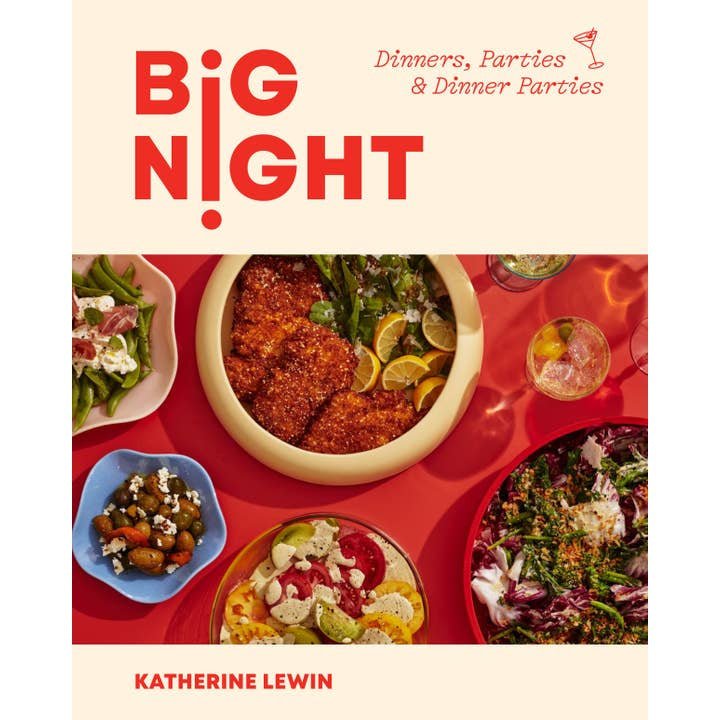 The cover of Big Night | Dinners, Parties, and Dinner Parties by Union Square and Co. features assorted dishes on a red table—a must-have cookbook for home entertaining.