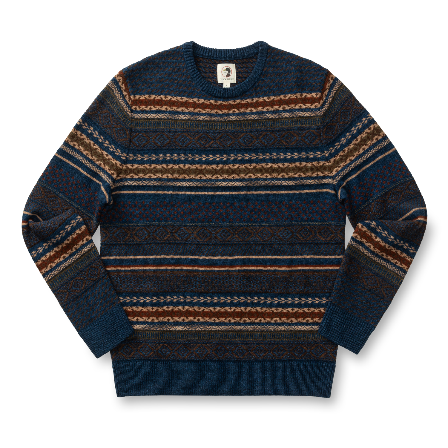 The Duck Head Birch Fair Isle Crewneck Sweater features horizontal blue, brown, and beige patterns and is displayed flat on a white background.