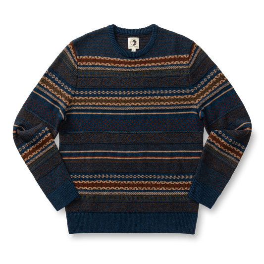 The Duck Head Birch Fair Isle Crewneck Sweater features horizontal blue, brown, and beige patterns and is displayed flat on a white background.