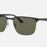 The Ray-Ban 3569 sunglasses feature a black metal frame with durable steel temples and rectangular green-tinted lenses, shown against a plain light background.