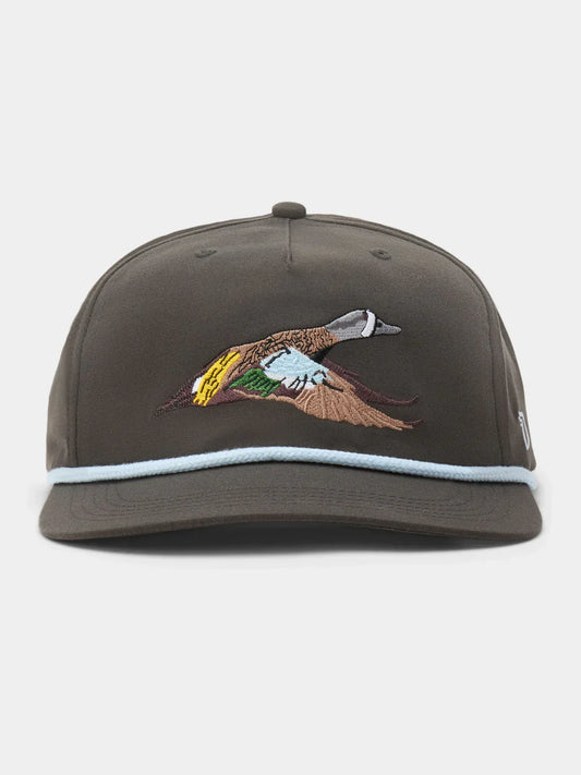 The Blue Winged Teal Hat by Duck Camp is a dark brown snapback cap with light blue trim, an embroidered flying duck on the front, and an adjustable snapback for a perfect fit.