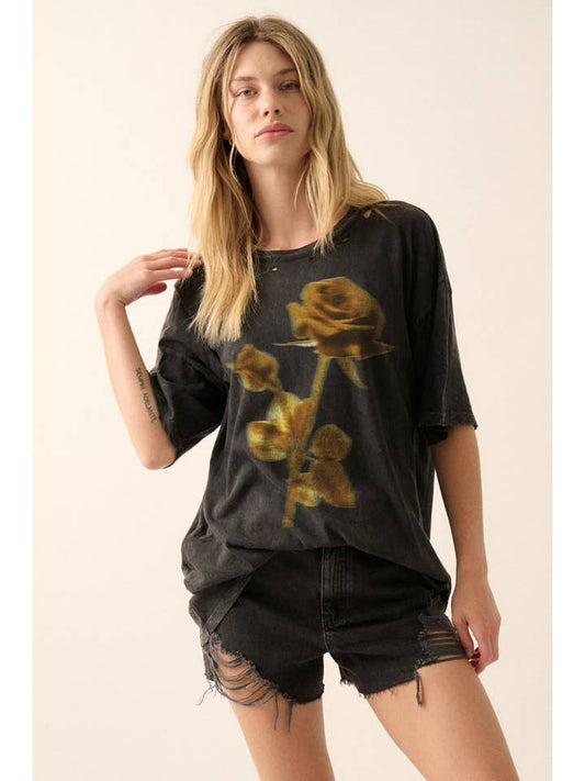 Blurry Rose Distressed Vintage-wash Graphic Tee | Promesa