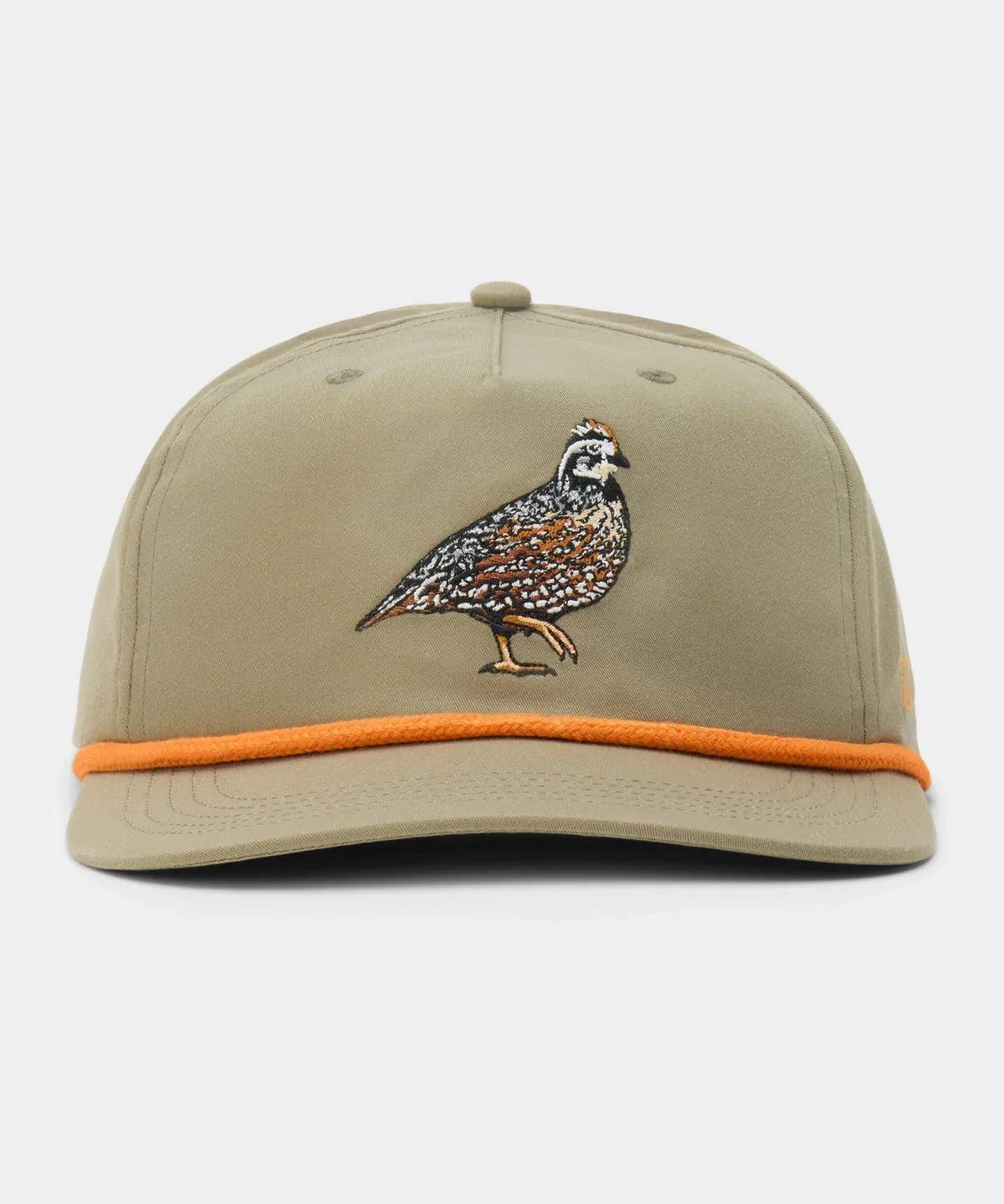 The Bobwhite Quail Hat by Duck Camp is a khaki snapback with orange trim, an embroidered quail on the front, and an adjustable closure for a perfect fit.