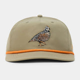 The Bobwhite Quail Hat by Duck Camp is a khaki snapback with orange trim, an embroidered quail on the front, and an adjustable closure for a perfect fit.