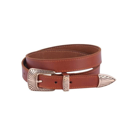 The Boho Buckle Leather Belt by Most Wanted USA features brown genuine leather and a gold-toned engraved buckle, coiled in a loop against a white background.