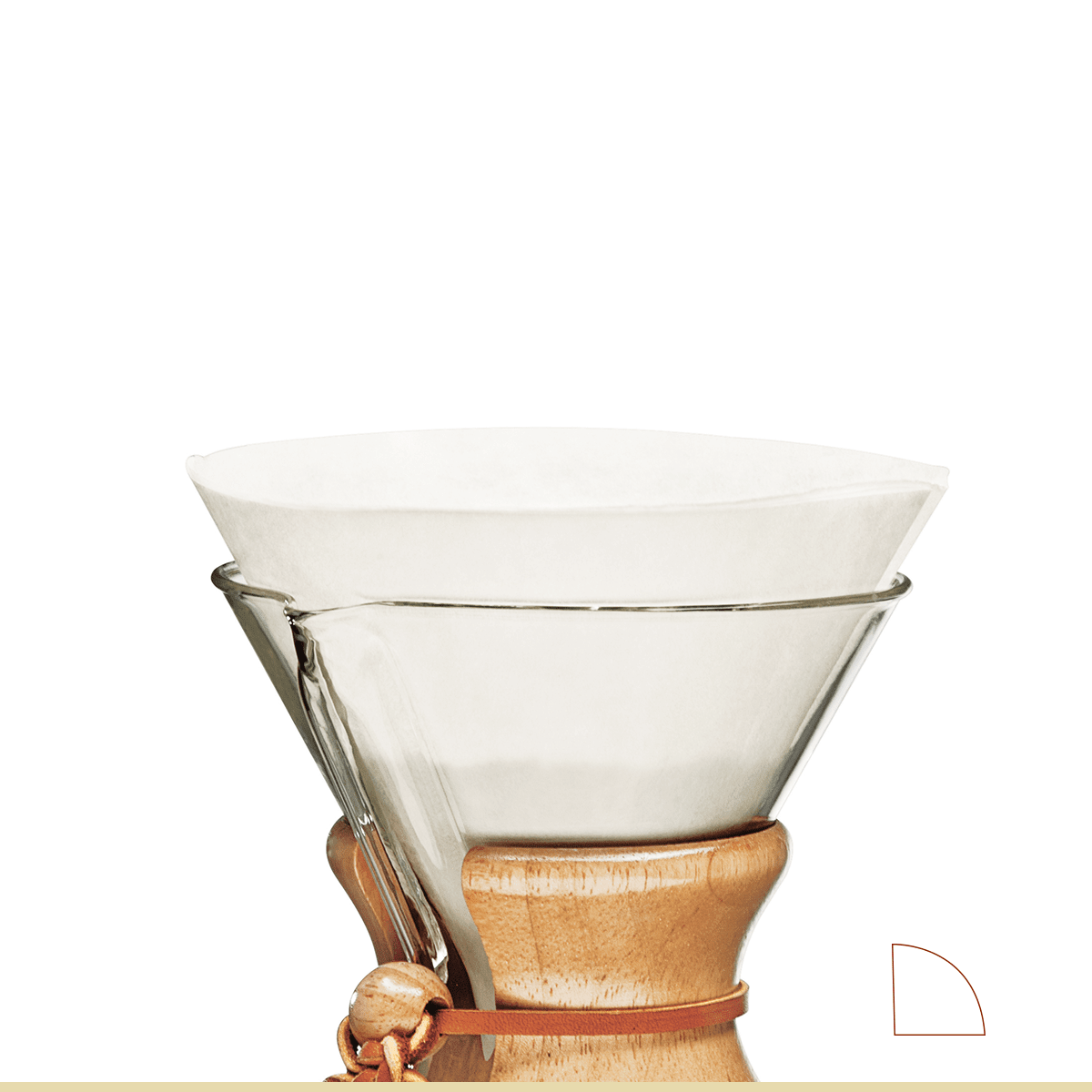 A Chemex glass pour-over coffee maker with a wooden collar features a Chemex Bonded Circle Filter inside, shown against a plain white background—ideal for refined pourover brewing.