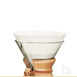 A Chemex glass pour-over coffee maker with a wooden collar features a Chemex Bonded Circle Filter inside, shown against a plain white background—ideal for refined pourover brewing.