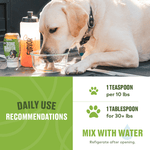 A yellow lab drinks from a bowl next to Furvor’s Bone Broth For Dogs - Mobility Support and a water bottle. Daily use instructions for dosing and mixing this Furvor joint and muscle support bone broth are provided.