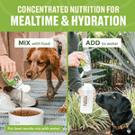 A person pours Furvor Bone Broth For Dogs - Mobility Support into a dog's food bowl on the left and water bottle on the right. Text: "Mix with food" and "Add to water" for joint and muscle health.