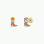 JaxKelly Boot Enamel Flat Stud Earrings—gold cowboy boot studs with blue, pink, and white enamel detail. Perfect kids earrings for sensitive ears, made from hypoallergenic materials.