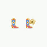 JaxKelly Boot Enamel Flat Stud Earrings—gold cowboy boot studs with blue, pink, and white enamel detail. Perfect kids earrings for sensitive ears, made from hypoallergenic materials.