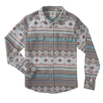 The Boquillas Long Sleeve Shirt by Sendero Provisions Co. is a cotton jacquard button-up featuring geometric and striped patterns in blue, brown, gray, and white, plus two front chest pockets with button flaps, inspired by vintage textiles.