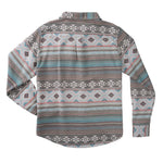 Back view of the Boquillas Long Sleeve Shirt by Sendero Provisions Co., crafted from cotton jacquard with horizontal geometric and striped patterns in grey, blue, white, and pink.