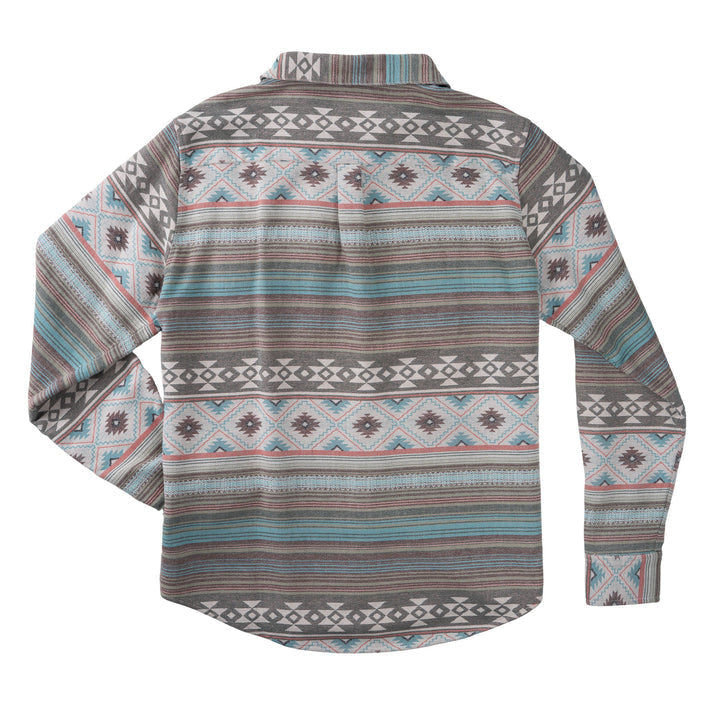 The Boquillas Long Sleeve Shirt by Sendero Provisions Co. features a geometric Southwestern pattern in gray, teal, white, pink, and black jacquard fabric for texture and style; shown here from the back.