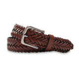The Duck Head Braided Leather Belt, featuring brown Horween leather and a silver rectangular buckle, is coiled on a white background.