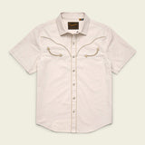 The Howler Brothers Broncbuster Snapshirt is a short-sleeve, light beige western shirt featuring decorative chest stitching, a collar, and classic pearl snap buttons, shown on a plain background.