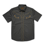 The Broncbuster Snapshirt by Howler Brothers is a dark gray short-sleeve Western shirt with yellow piping, arrow chest details, and vintage yokes, shown flat on a white background.