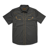 The Broncbuster Snapshirt by Howler Brothers is a dark gray short-sleeve Western shirt with yellow piping, arrow chest details, and vintage yokes, shown flat on a white background.