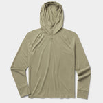 The Duck Camp Bug Screen First Layer Hoodie is a light olive green, long-sleeve hoodie with a buttoned placket, subtle left-chest logo, and lightweight sun protection; displayed flat on a plain background.