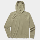 The Duck Camp Bug Screen First Layer Hoodie is a light olive green, long-sleeve hoodie with a buttoned placket, subtle left-chest logo, and lightweight sun protection; displayed flat on a plain background.