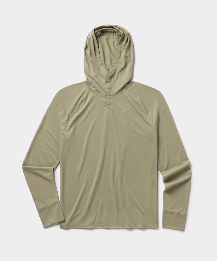 The Duck Camp Bug Screen First Layer Hoodie is a light olive green, long-sleeve hoodie with a buttoned placket, subtle left-chest logo, and lightweight sun protection; displayed flat on a plain background.