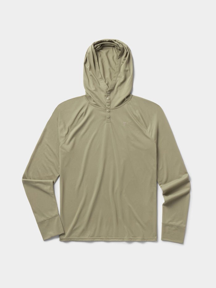 The Duck Camp Bug Screen First Layer Hoodie is a light olive green, long-sleeve hoodie with a buttoned placket, subtle left-chest logo, and lightweight sun protection; displayed flat on a plain background.