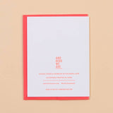 The Butter Together Card by And Here We Are is a white card with red text on a red envelope, featuring business info and the message: "And Here We Are. Woman owned & operated in Columbus, Ohio. Letterpress printed by hand.