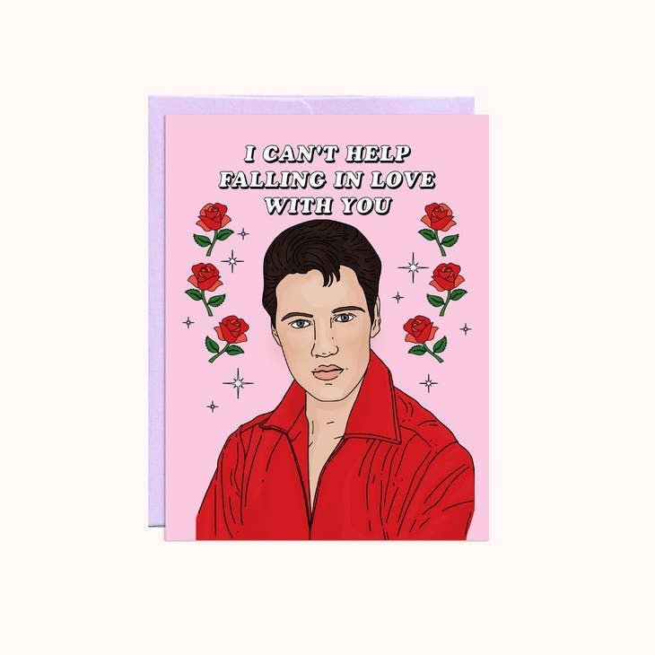 The "Can't Help Falling" Valentine's card by Party Mountain Paper co. features a man in a red shirt with roses and stars, plus "I CAN'T HELP FALLING IN LOVE WITH YOU" on pink. A2 size, blank inside, printed in Canada.
