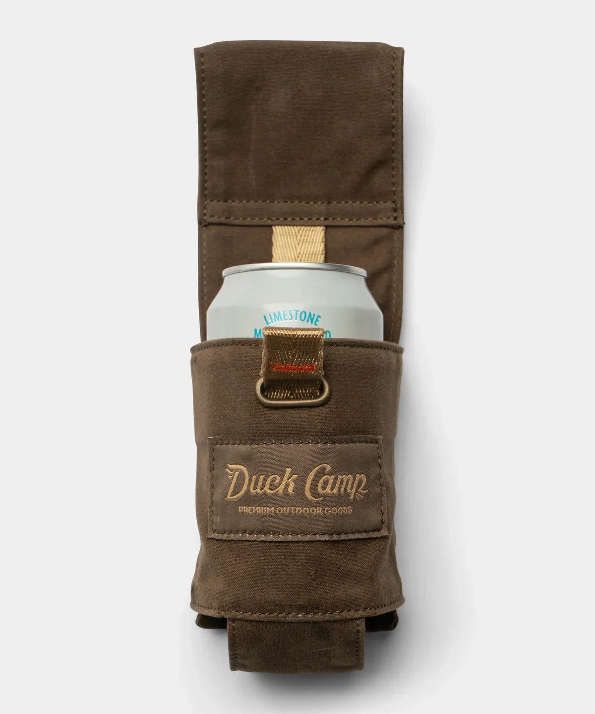 The Duck Camp Canvas Can Holster securely holds a canned beverage, featuring a brown waxed canvas pouch with an open flap that reveals the top of the can.