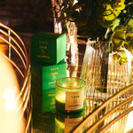 A lit "Casa Polanco | Roen" coconut soy wax candle by Roen in a green glass holder rests on a reflective surface beside a glass vase with green foliage and two matching green candle boxes.