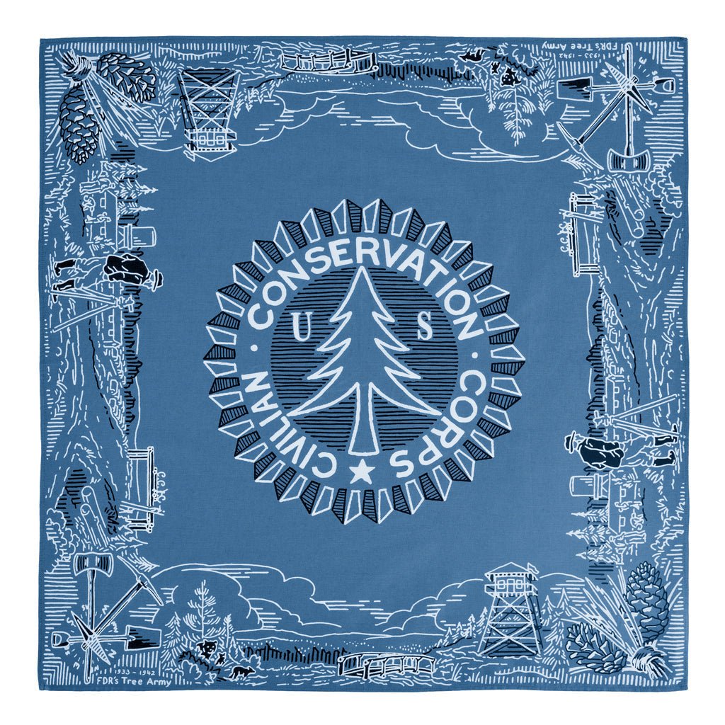 The CCC Legacy Bandana by Mollyjogger is made of 100% cotton, featuring “Civilian Conservation Corps U.S.” with a central tree emblem and border illustrations of forest scenes, tools, towers, and a CCC Worker Statue.