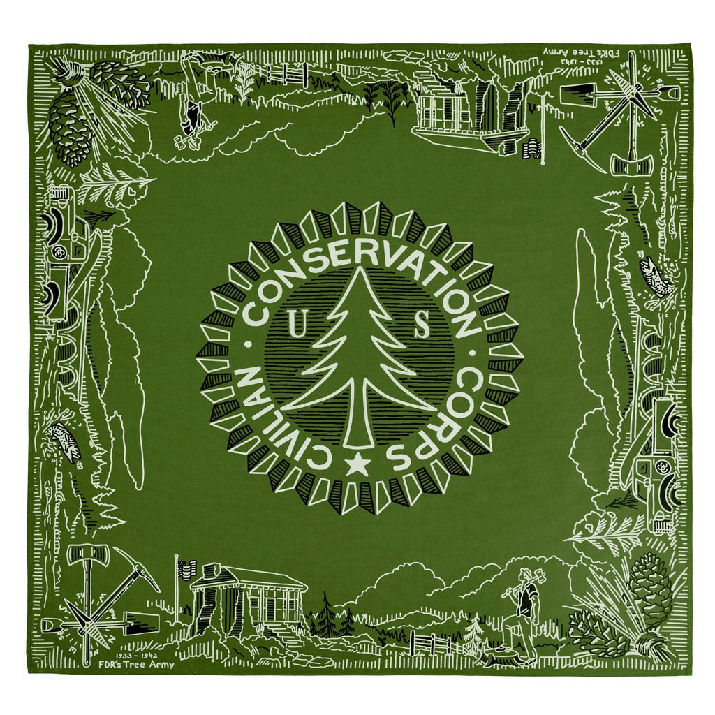 The CCC Legacy Bandana by Mollyjogger is a green 100% cotton bandana featuring “Civilian Conservation Corps” text, a central tree logo, and border illustrations of tools, cabins, the CCC Worker Statue, and nature-themed elements.
