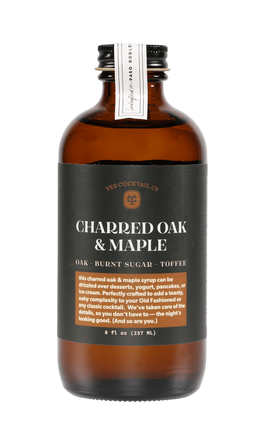 A brown glass bottle of Charred Oak & Maple cocktail syrup by Yes Cocktail Co., 8 fl oz (237 mL), offers rich oak, burnt sugar, and toffee notes—crafted as a robust Charred Oak Maple Syrup.