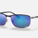 Ray-Ban 3671 Chromance black metal polarized sunglasses with blue mirrored lenses, shown on a white background.