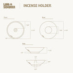 Technical drawing of the Luna Sundara Chulucanas Ceramic Incense Holder Modelo Clasico, handmade by Peruvian artisans, displays front, base, and side views with precise measurements in inches.