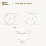 Technical drawing of the Luna Sundara Chulucanas Ceramic Incense Holder Modelo Clasico, handmade by Peruvian artisans, displays front, base, and side views with precise measurements in inches.