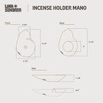 Diagram displaying front, base, and side views with measurements in inches for the Luna Sundara Chulucanas Ceramic Incense Holder Modelo Mano, crafted by Peruvian artisans.