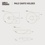 Diagram showing front, base, and side views of the Chulucanas Ceramics Palo Santo Holder handcrafted from Peruvian pottery with labeled measurements; features Luna Sundara branding.