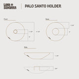 Diagram showing front, base, and side views of the Chulucanas Ceramics Palo Santo Holder handcrafted from Peruvian pottery with labeled measurements; features Luna Sundara branding.