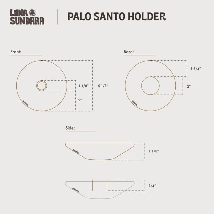 Diagram showing front, base, and side views of the Chulucanas Ceramics Palo Santo Holder handcrafted from Peruvian pottery with labeled measurements; features Luna Sundara branding.