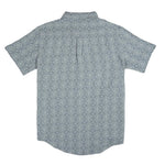 The City Slicker | Arizola Chevron short-sleeve button-up shirt by Sendero Provisions Co., featuring a subtle geometric pattern, is shown from the back against a white background.