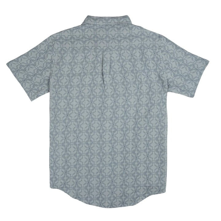 The City Slicker | Arizola Chevron short-sleeve button-up shirt by Sendero Provisions Co., featuring a subtle geometric pattern, is shown from the back against a white background.