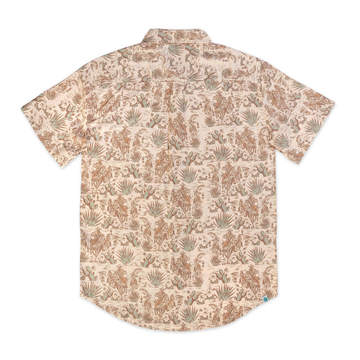 Back view of the City Slicker Short Sleeve Shirt by Sendero Provisions Co.: a short-sleeve, button-up hemp tencel shirt in beige with an all-over brown and green botanical print for subtle desert vibes.