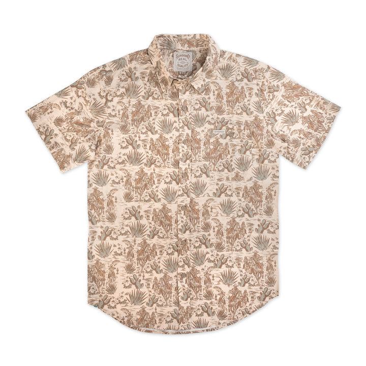 The City Slicker Short Sleeve Shirt by Sendero Provisions Co. features a beige base with a brown botanical print, adding subtle desert vibes to your everyday style.