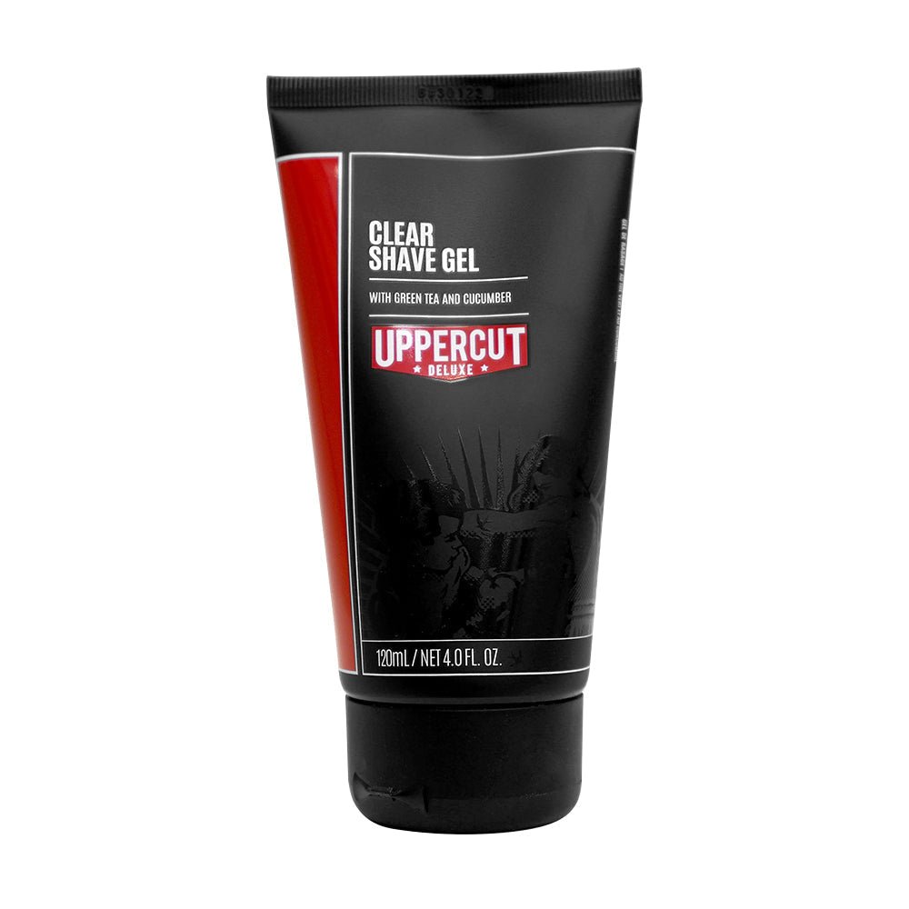 Uppercut Deluxe Clear Shave Gel, 120ml (4 fl. oz.), in black and red packaging with green tea and cucumber—an ideal transparent shave gel for oily skin.