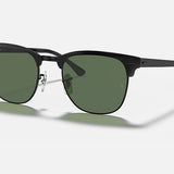 The Ray-Ban 3716 Clubmaster Metal sunglasses in matte black feature green-tinted lenses and are displayed on a plain light background.